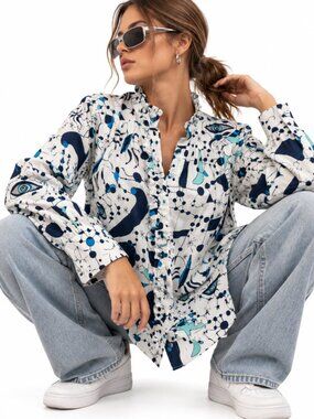 Comrags White Navy Aqua Floral Ruffle Button-Down Shirt Medium Cotton Artsy Boho